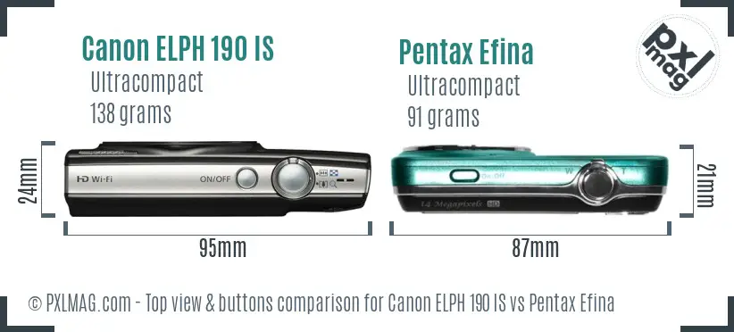 Canon ELPH 190 IS vs Pentax Efina top view buttons comparison