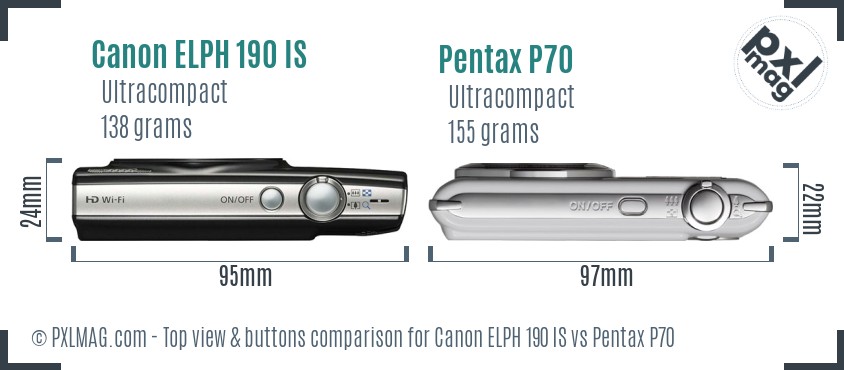 Canon ELPH 190 IS vs Pentax P70 top view buttons comparison
