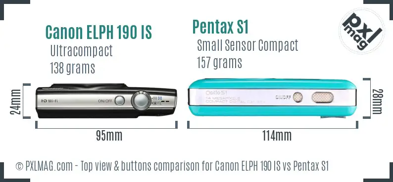 Canon ELPH 190 IS vs Pentax S1 top view buttons comparison