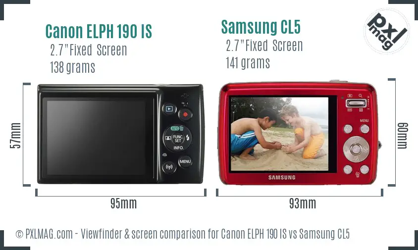 Canon ELPH 190 IS vs Samsung CL5 Screen and Viewfinder comparison