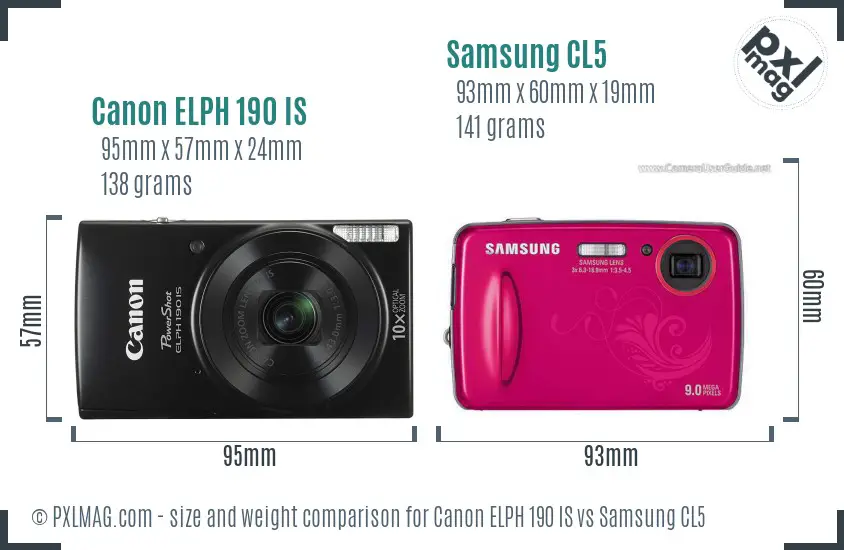 Canon ELPH 190 IS vs Samsung CL5 size comparison