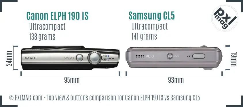 Canon ELPH 190 IS vs Samsung CL5 top view buttons comparison