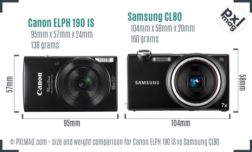 Canon ELPH 190 IS vs Samsung CL80 size comparison