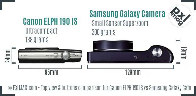 Canon ELPH 190 IS vs Samsung Galaxy Camera top view buttons comparison