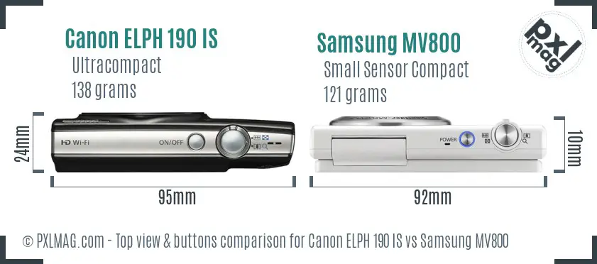 Canon ELPH 190 IS vs Samsung MV800 top view buttons comparison