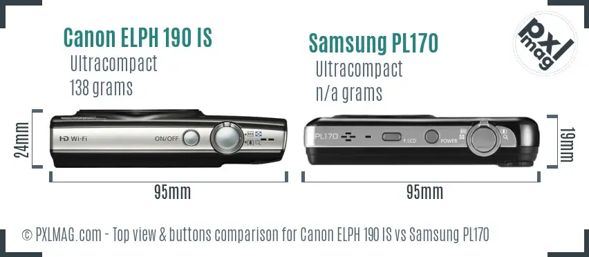 Canon ELPH 190 IS vs Samsung PL170 top view buttons comparison Canon ELPH 190 IS vs Samsung PL170 top view buttons comparison