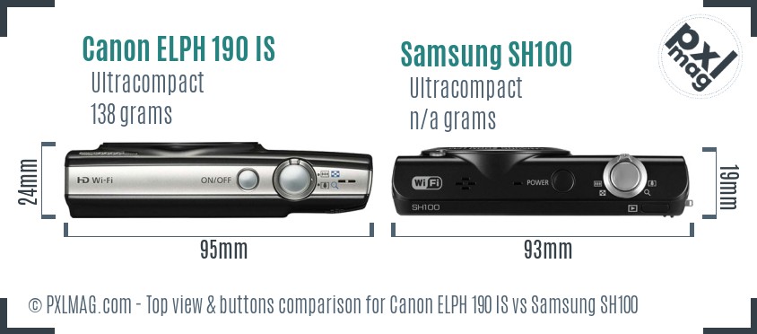 Canon ELPH 190 IS vs Samsung SH100 top view buttons comparison