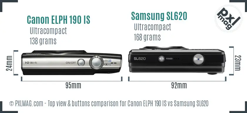 Canon ELPH 190 IS vs Samsung SL620 top view buttons comparison
