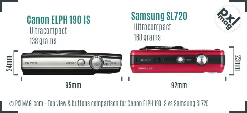 Canon ELPH 190 IS vs Samsung SL720 top view buttons comparison