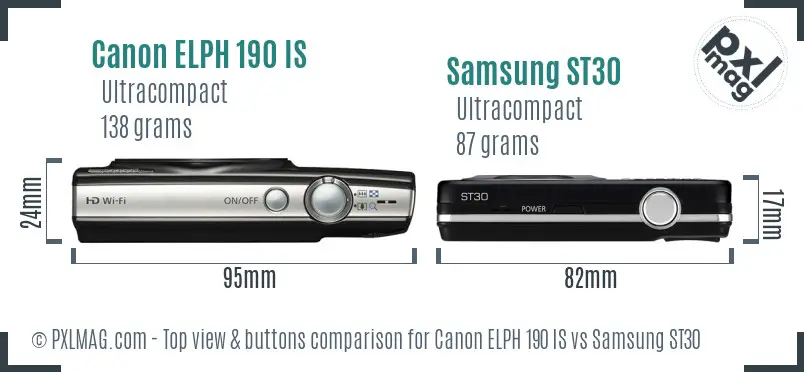 Canon ELPH 190 IS vs Samsung ST30 top view buttons comparison