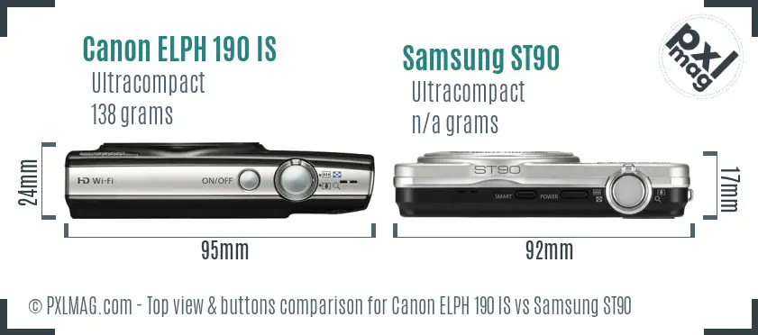 Canon ELPH 190 IS vs Samsung ST90 top view buttons comparison