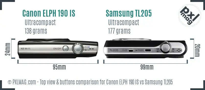 Canon ELPH 190 IS vs Samsung TL205 top view buttons comparison