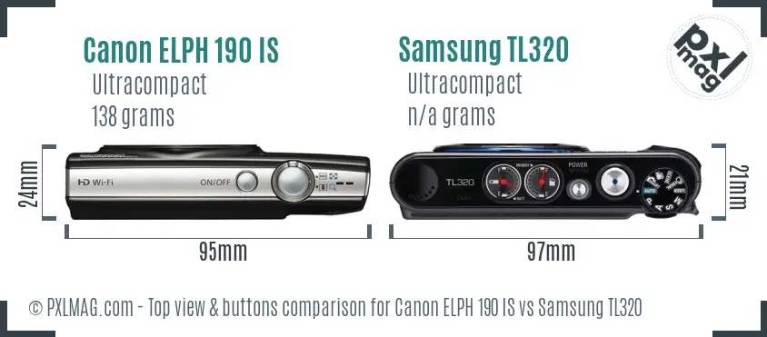 Canon ELPH 190 IS vs Samsung TL320 top view buttons comparison