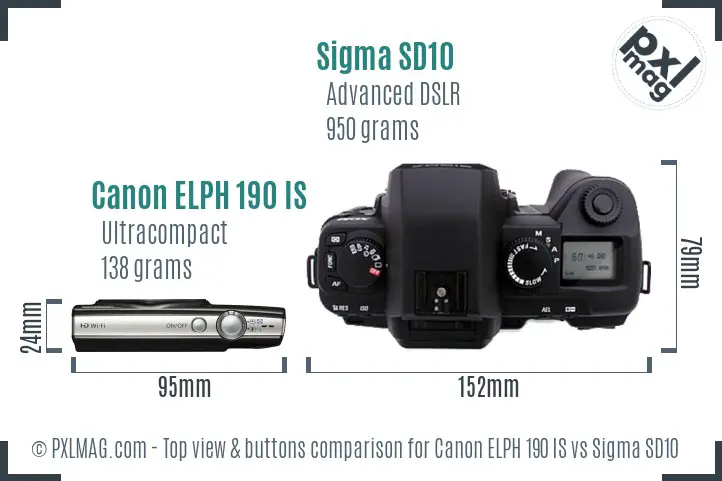 Canon ELPH 190 IS vs Sigma SD10 top view buttons comparison