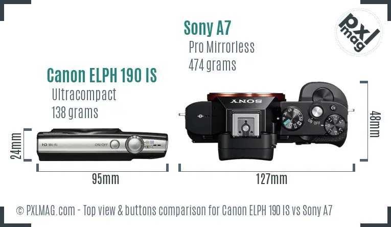 Canon ELPH 190 IS vs Sony A7 top view buttons comparison