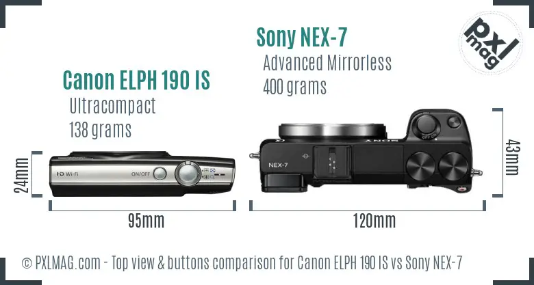 Canon ELPH 190 IS vs Sony NEX-7 top view buttons comparison