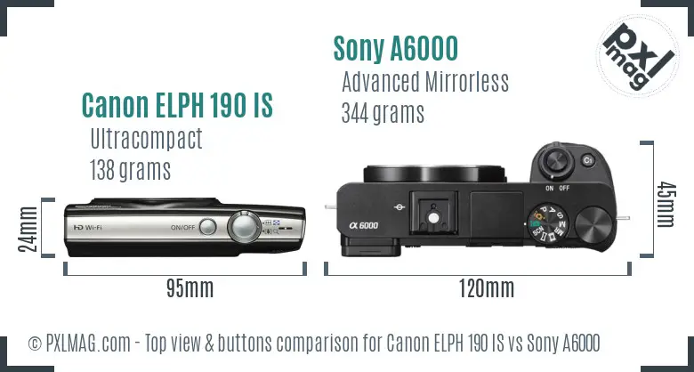 Canon ELPH 190 IS vs Sony A6000 top view buttons comparison