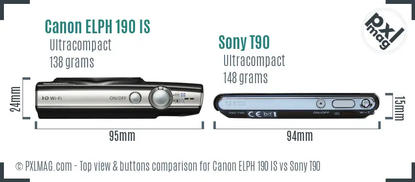 Canon ELPH 190 IS vs Sony T90 top view buttons comparison