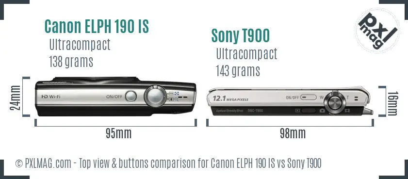 Canon ELPH 190 IS vs Sony T900 top view buttons comparison
