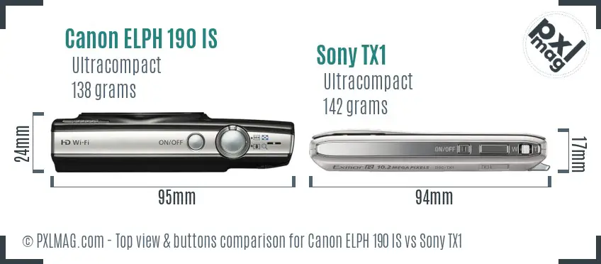 Canon ELPH 190 IS vs Sony TX1 top view buttons comparison