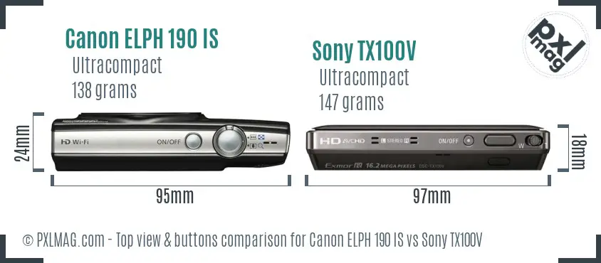 Canon ELPH 190 IS vs Sony TX100V top view buttons comparison