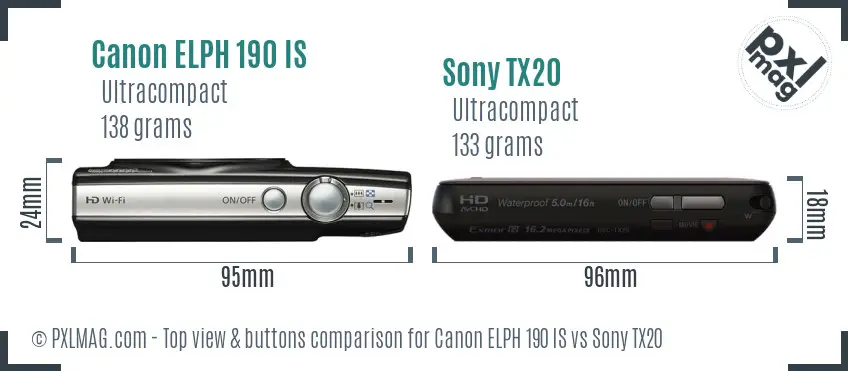 Canon ELPH 190 IS vs Sony TX20 top view buttons comparison