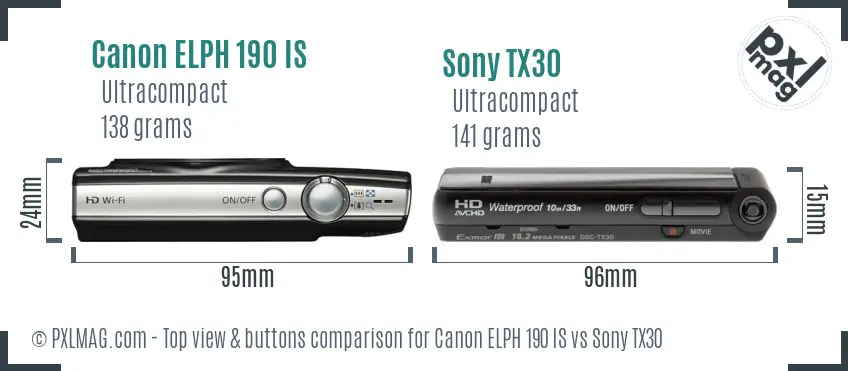 Canon ELPH 190 IS vs Sony TX30 top view buttons comparison