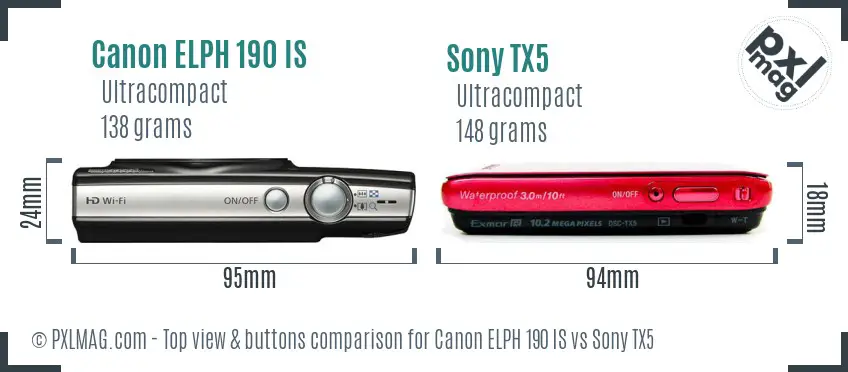 Canon ELPH 190 IS vs Sony TX5 top view buttons comparison