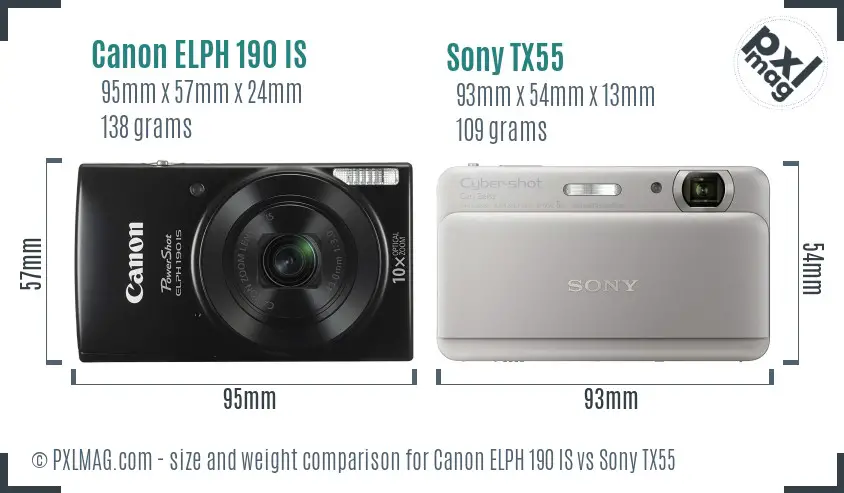 Canon ELPH 190 IS vs Sony TX55 size comparison