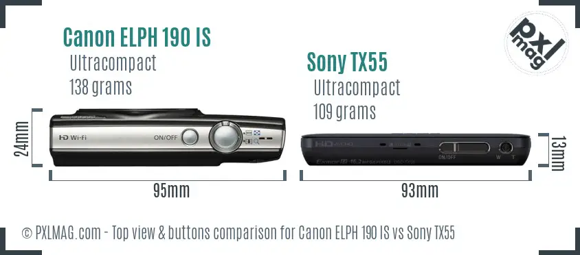 Canon ELPH 190 IS vs Sony TX55 top view buttons comparison