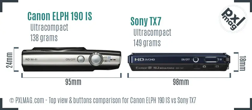 Canon ELPH 190 IS vs Sony TX7 top view buttons comparison