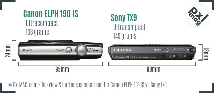 Canon ELPH 190 IS vs Sony TX9 top view buttons comparison