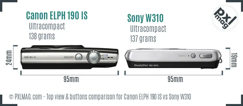 Canon ELPH 190 IS vs Sony W310 top view buttons comparison