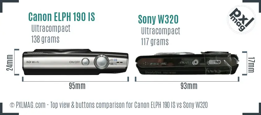 Canon ELPH 190 IS vs Sony W320 top view buttons comparison