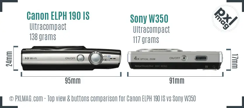 Canon ELPH 190 IS vs Sony W350 top view buttons comparison