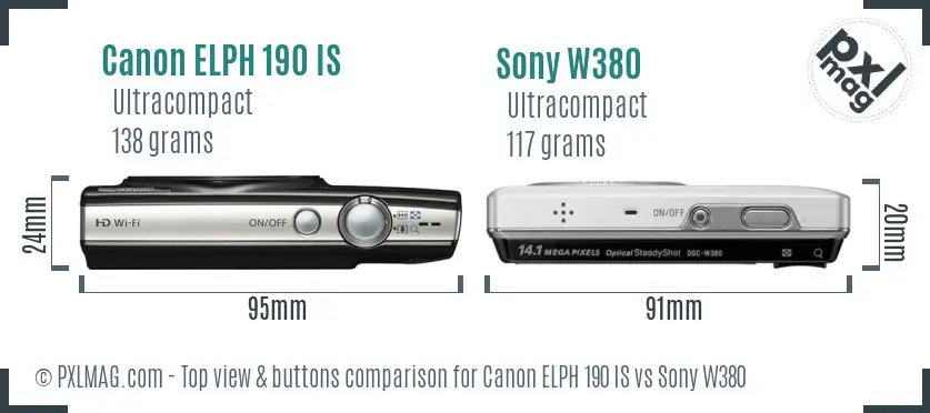 Canon ELPH 190 IS vs Sony W380 top view buttons comparison