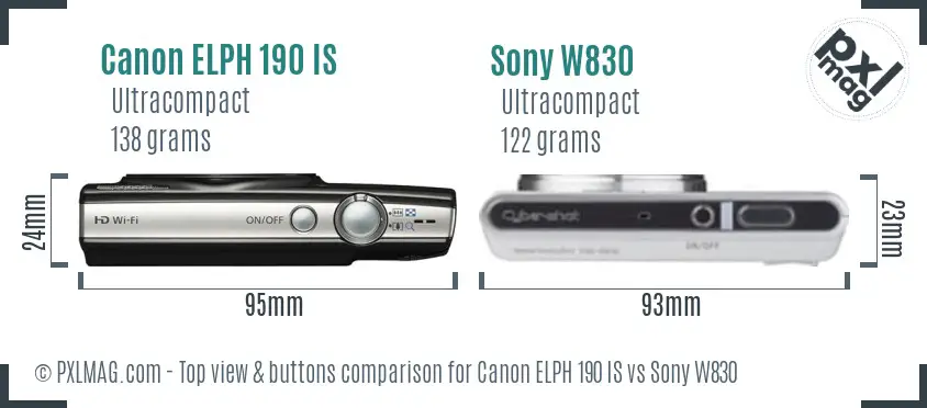 Canon ELPH 190 IS vs Sony W830 top view buttons comparison