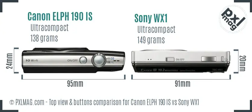 Canon ELPH 190 IS vs Sony WX1 top view buttons comparison