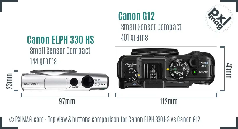 Canon ELPH 330 HS vs Canon G12 top view buttons comparison