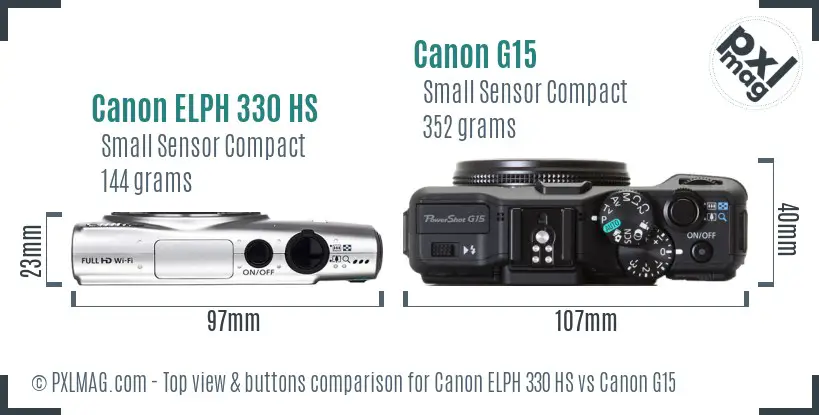 Canon ELPH 330 HS vs Canon G15 top view buttons comparison