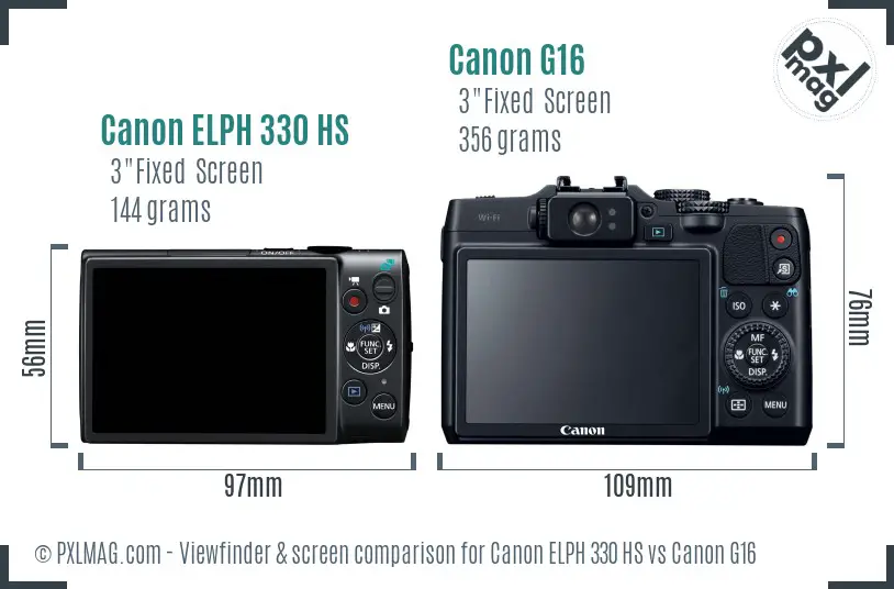 Canon ELPH 330 HS vs Canon G16 Screen and Viewfinder comparison
