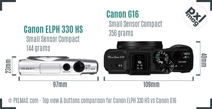 Canon ELPH 330 HS vs Canon G16 top view buttons comparison