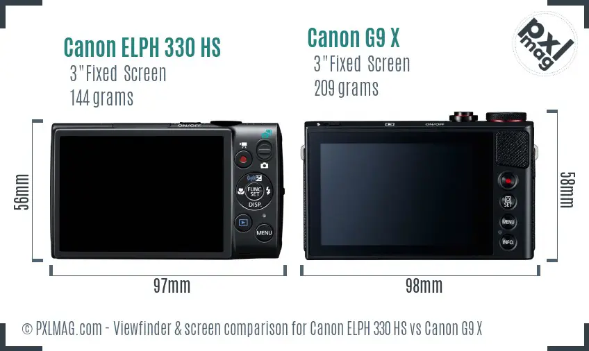 Canon ELPH 330 HS vs Canon G9 X Screen and Viewfinder comparison