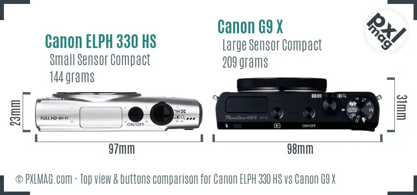 Canon ELPH 330 HS vs Canon G9 X top view buttons comparison