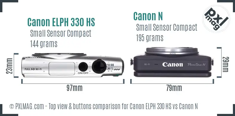 Canon ELPH 330 HS vs Canon N top view buttons comparison