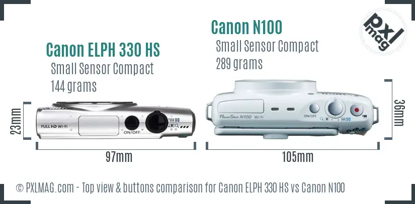 Canon ELPH 330 HS vs Canon N100 top view buttons comparison
