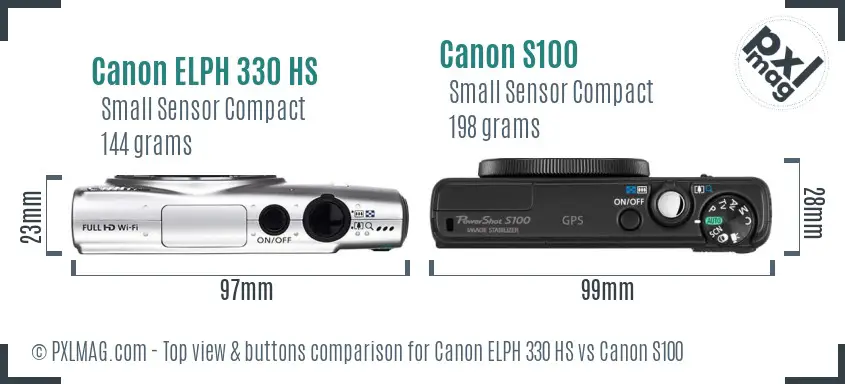Canon ELPH 330 HS vs Canon S100 top view buttons comparison
