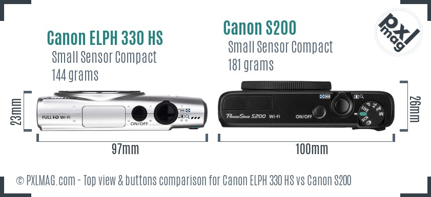 Canon ELPH 330 HS vs Canon S200 top view buttons comparison