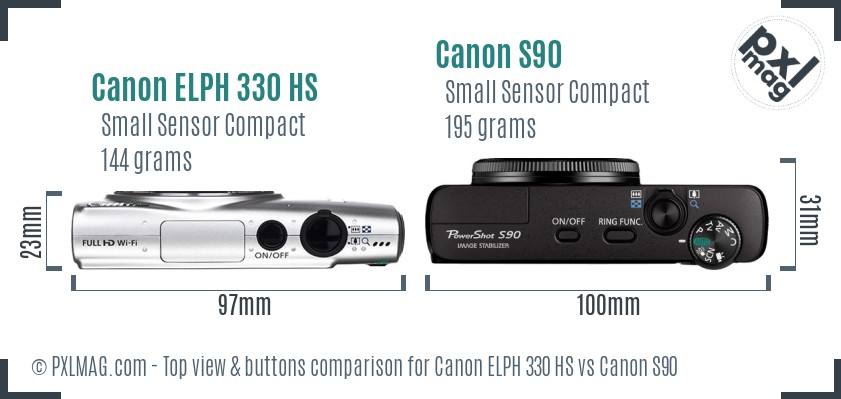 Canon ELPH 330 HS vs Canon S90 top view buttons comparison