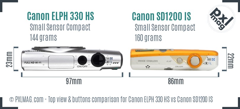 Canon ELPH 330 HS vs Canon SD1200 IS top view buttons comparison